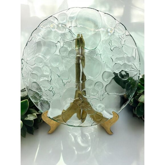 Vintage 90's Libbey Orchard Fruit Green Glass Serving Platter Cake Plate - Picture 2 of 7